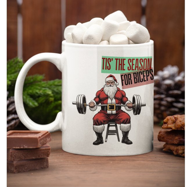 Taza De Café Funny Fitness Navidades Bicep Curls Barbell Santa (Tis' The Season For Biceps. A gym going Santa Coffee Mug)