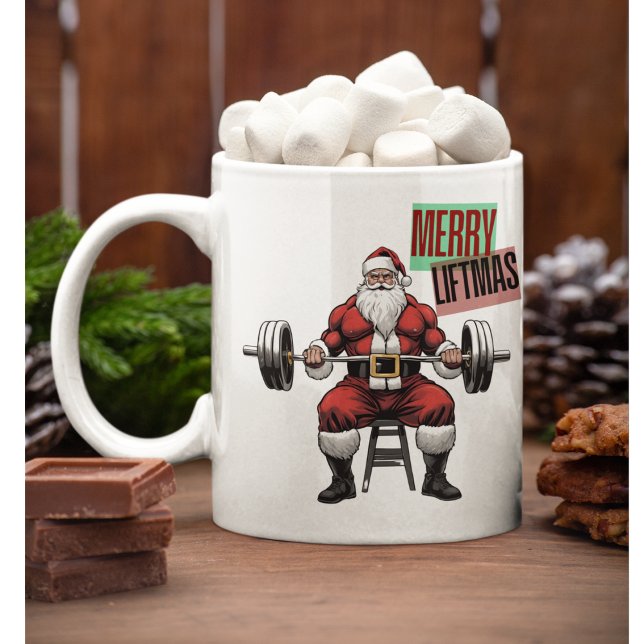 Taza De Café Funny Fitness Navidades Liftmas Barbell Santa (Merry Liftmas Funny Fitness Christmas Coffee Mug. A swole Santa Claus ready to lift presents.)