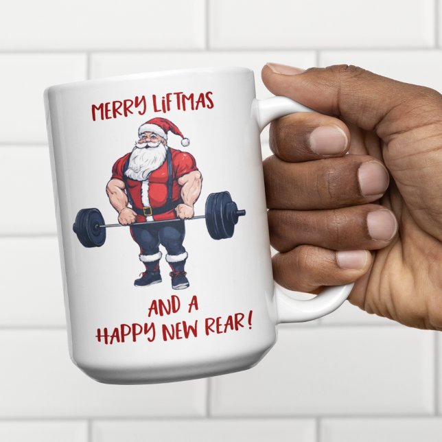 Taza De Café Funny Fitness Navidades Liftmas Barbell Santa (Fit Santa Claus has been hitting the weights! Merry Liftmas!)