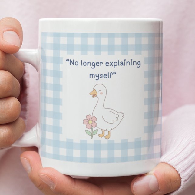 Taza De Café Funny Goose with Blue Gingham Charm ("No longer explaining myself" funny goose mug)