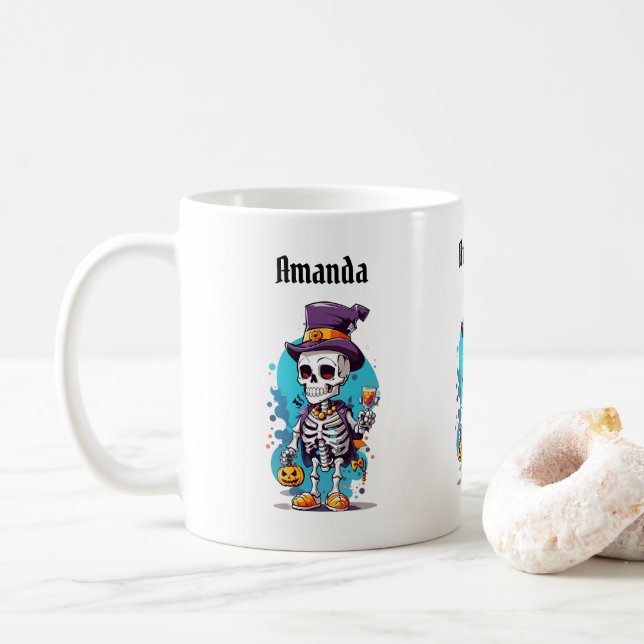 Taza De Café Funny Halloween Skeleton con sombrero superior (Con donut)