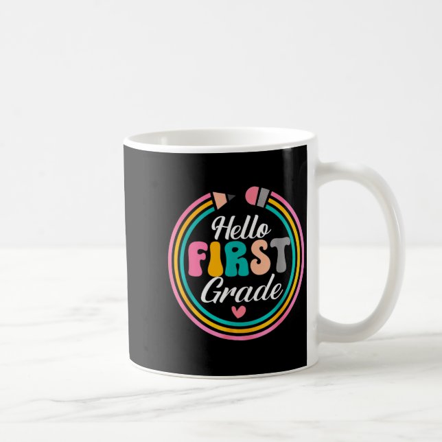 Taza De Café Funny Hello First Grade Pencil Circle Design  (Derecha)
