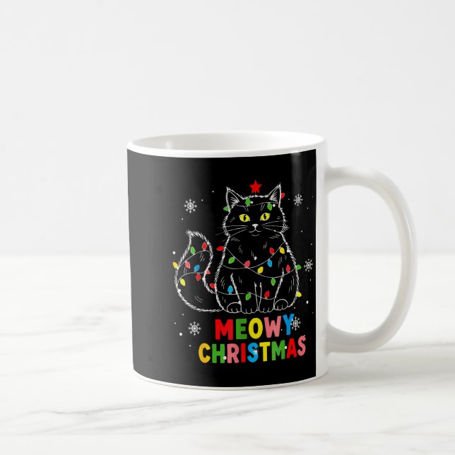 Taza De Café Funny Meowy Christmas Xmas Lights Black Cat Pajama (Derecha)