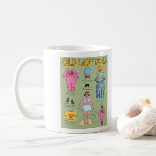 Taza De Café FUNNY Old Lady Paper Doll (Con donut)