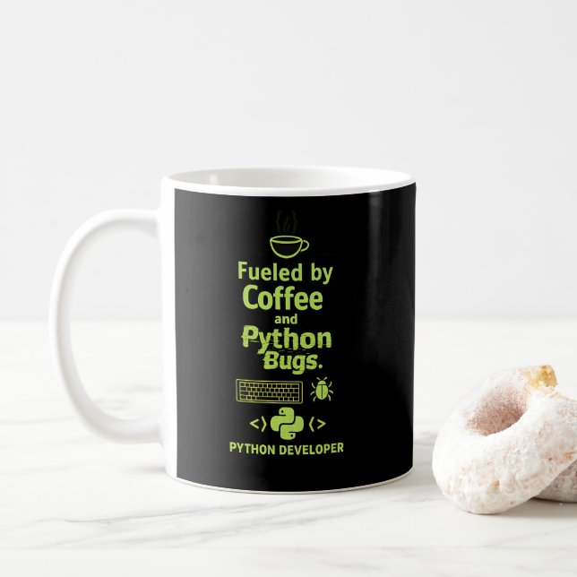 Taza De Café Funny Python Developer – Fueled by Coffee bugs  (Con donut)