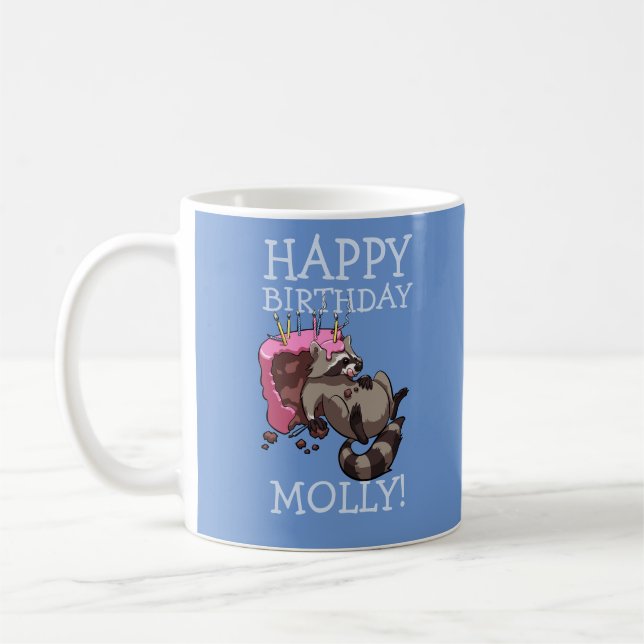 Taza De Café Funny Raccoon Happy Birthday Add The Name Cartoon (Izquierda)