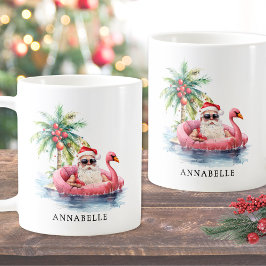 Taza De Café Funny Santa Flamingo Tropical Beach Navidades