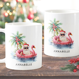 Taza De Café Funny Santa Flamingo Tropical Beach Navidades