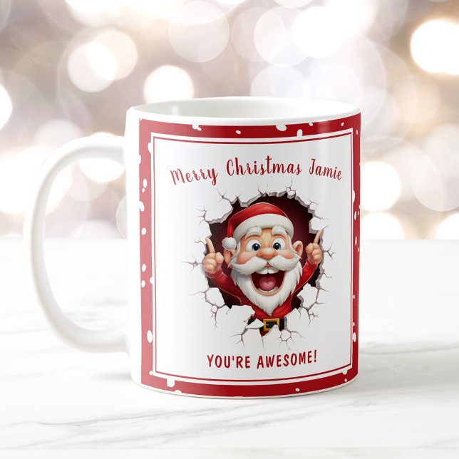 Taza De Café Funny Santa rompiendo a través de los Navidades Re (Funny Santa breaking through Red Name Christmas Coffee Mug)