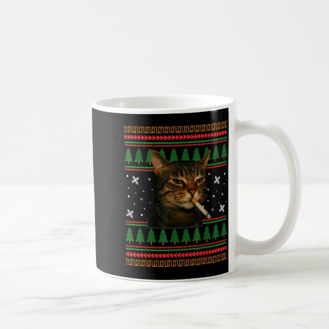 Taza De Café Funny Smoking Cat Meme Christmas Ugly Sweater Cat  (Derecha)