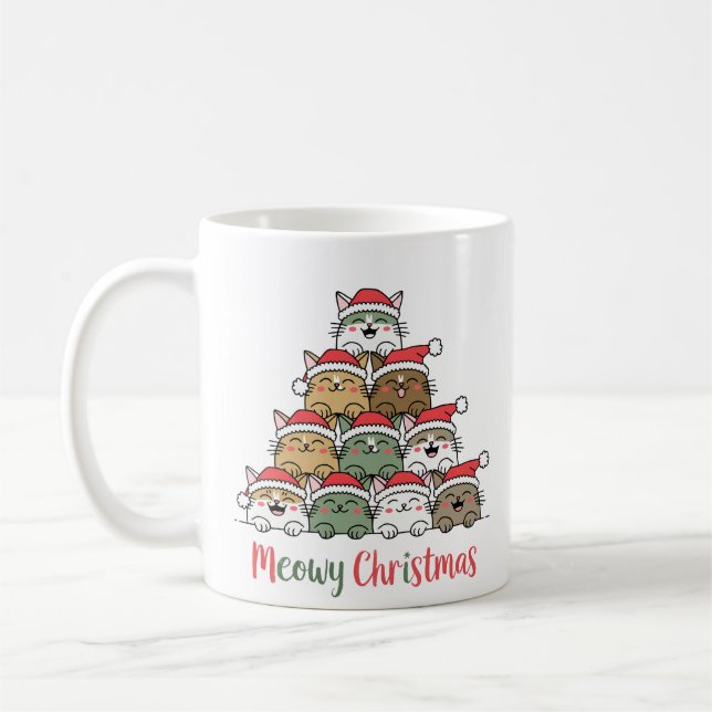Taza De Café Funny Stacked Cats Meowy Christmas Tree (Izquierda)