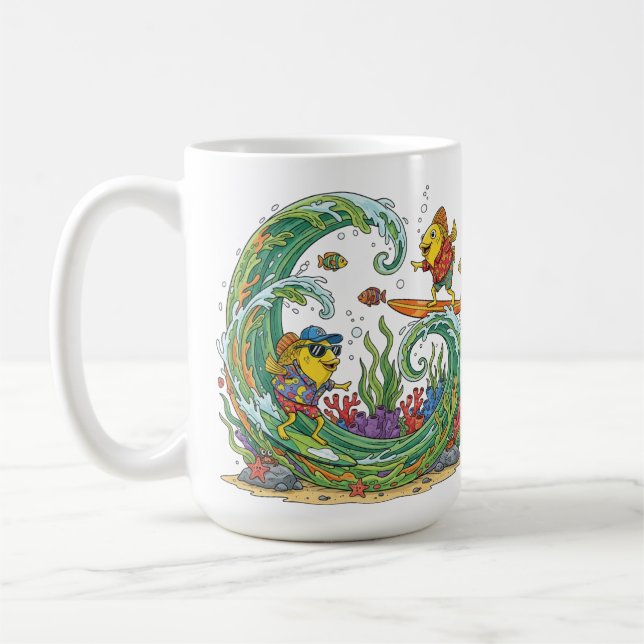 Taza De Café Funny Surfing Yellow Fish Tropical Beach Party Shi (Izquierda)