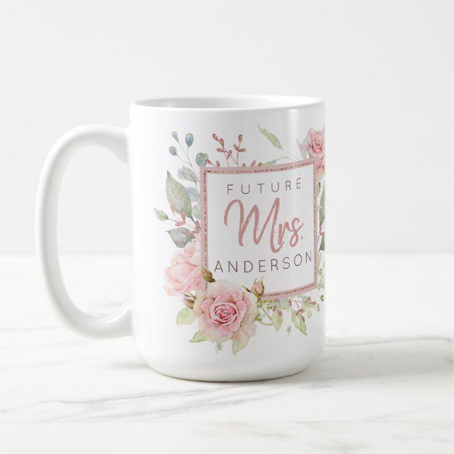 Taza De Café Futura Sra. Rosas de acuarela en rosa personalizad (Izquierda)
