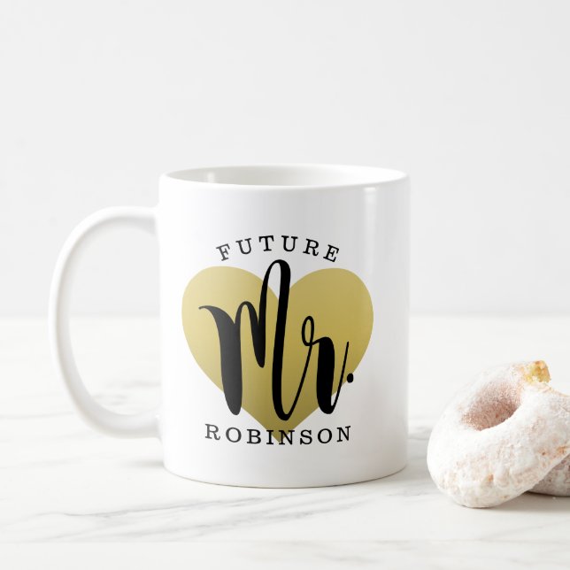 Taza De Café Futuro Monograma de boda personalizada Gold Heart (Con donut)
