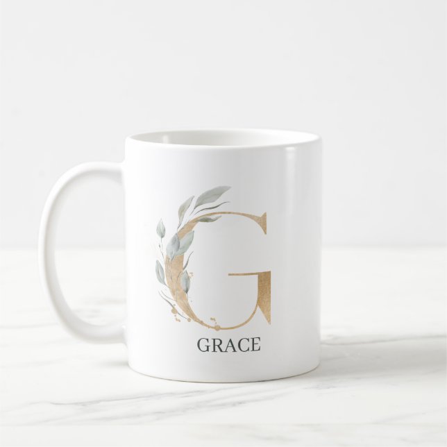 Taza De Café G Monograma Floral Personalizado (Izquierda)