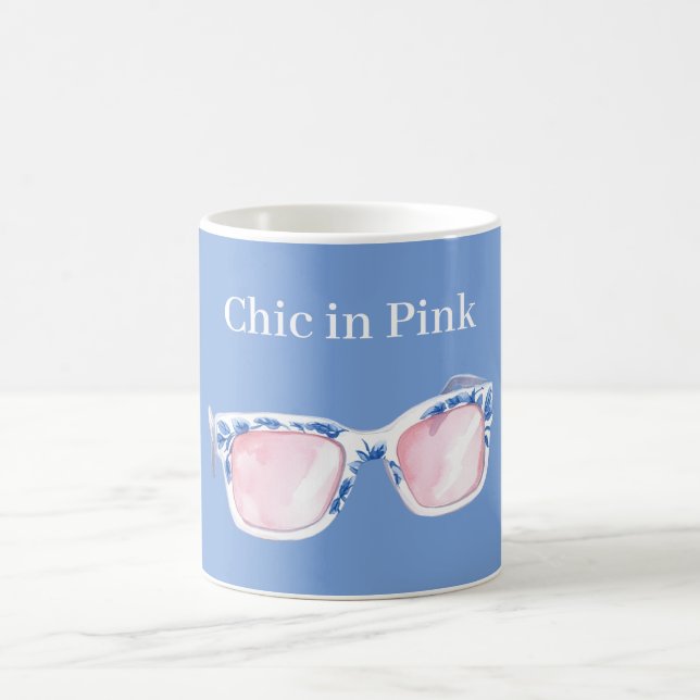 Taza De Café Gafas de sol azules chic en rosa (Centro)