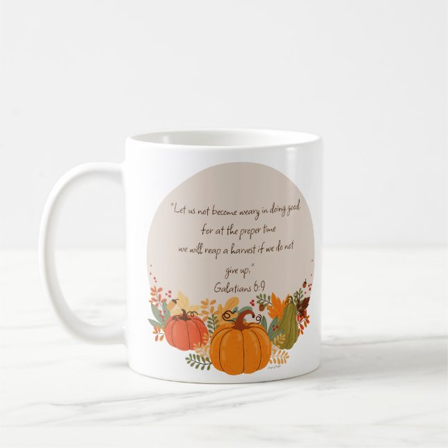 Taza De Café Galatians 6:9 Harvest Autumn Fall Thankful Pumpkin (Izquierda)