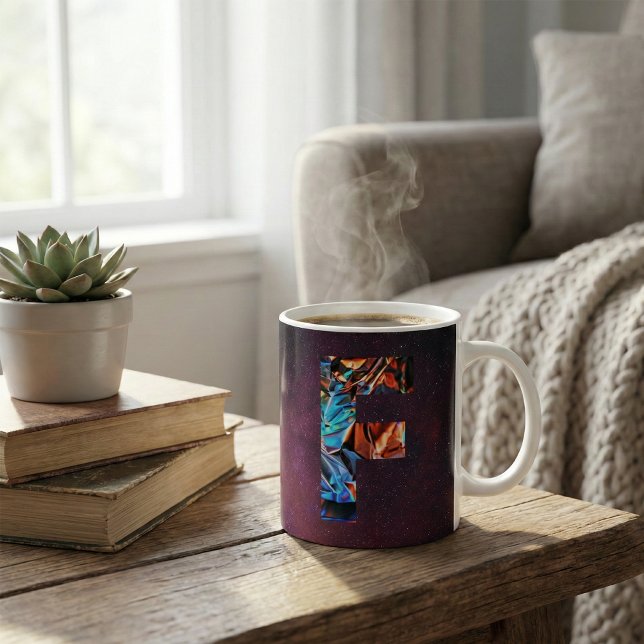 Taza De Café Galaxia Iridescente: Letra F Holográfica Cósmica (Subido por el creador)
