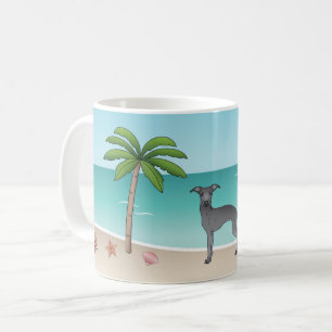 Taza De Café Galgo Italiano Azul en Playa Tropical de Verano
