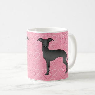 Taza De Café Galgo Italiano Negro Bonito Perro En Corazones Ros