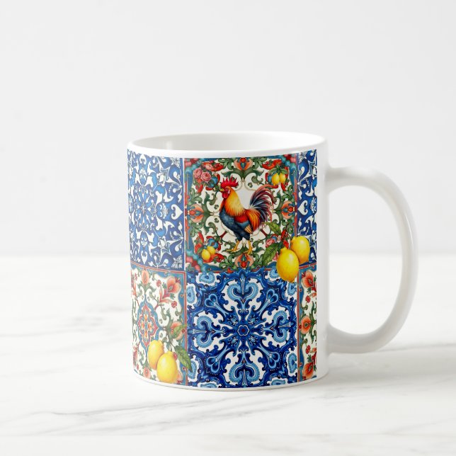 Taza De Café gallo colorido, mediterráneo, mosaico, limón, (Derecha)