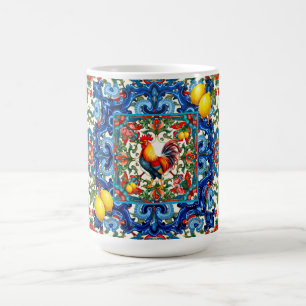 Taza De Café gallo colorido, mediterráneo, mosaico, limón,