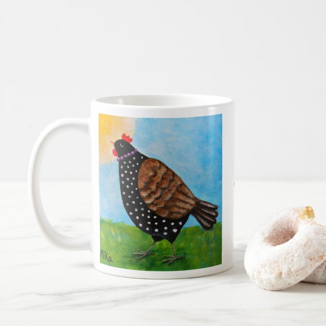 Taza De Café Gallo con collar personalizado tomando el sol (Con donut)