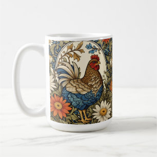Taza De Café Gallo de Granja Antiguo y Flores de Margarita