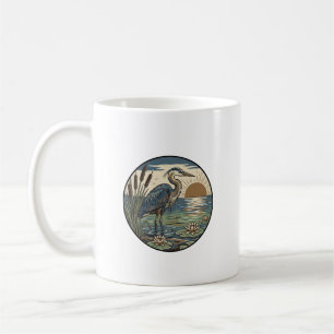 Taza De Café Garceta Azul Atardecer Marisma Grabado en Madera