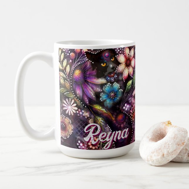 Taza De Café Garden Kitty Cat Floral Abstract Personalized (Con donut)