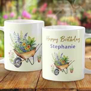Taza De Café Garden Lover Wheelbarrow Watercolor Feliz Cumpleañ