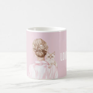 Taza De Café Gata Blanca Crema Lazo Rosa Hembra