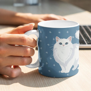 Taza De Café Gata Blanca de Pelo Largo Personalizada