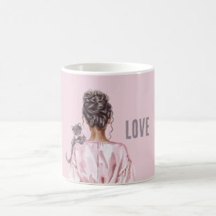 Taza De Café Gata Gris Lazo Rosa Hembra