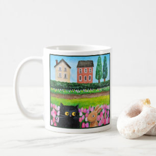 Taza De Café Gata Negra y Conejito en Cama de Tulipanes Arte Ad