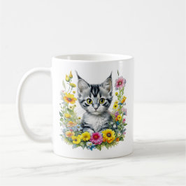 Taza De Café Gatito acuarela en flores amarillas personalizadas