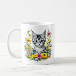 Taza De Café Gatito acuarela en flores amarillas personalizadas