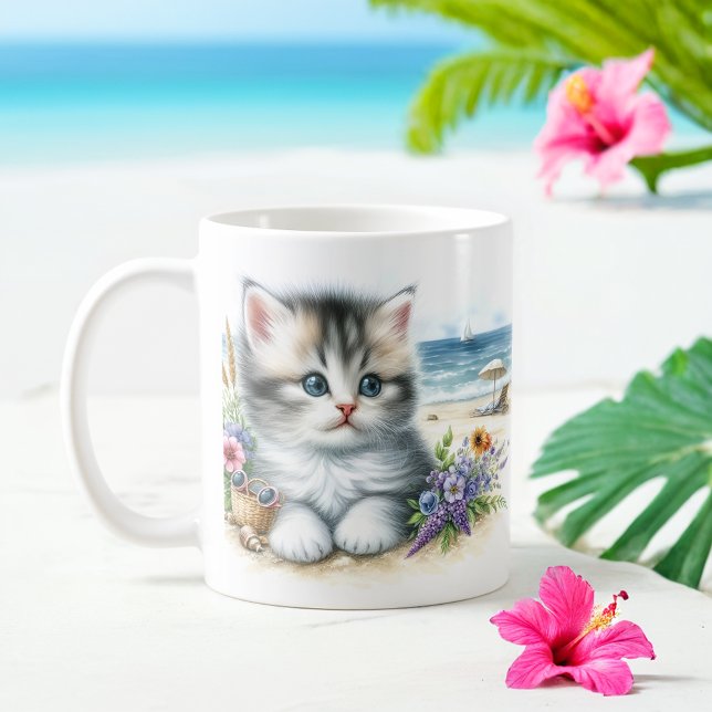 Taza De Café Gatito acuático de verano en la playa (Subido por el creador)