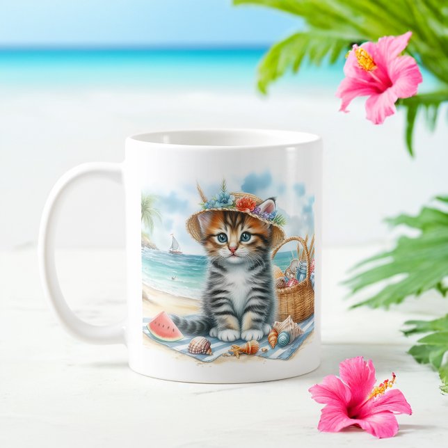 Taza De Café Gatito acuático de verano en la playa (Subido por el creador)