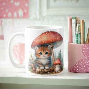 Taza De Café Gatito Adorable Bajo El Paraguas Del Mushroom