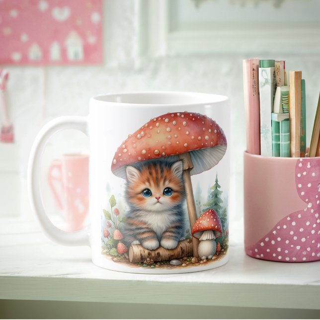 Taza De Café Gatito Adorable Bajo El Paraguas Del Mushroom (Subido por el creador)