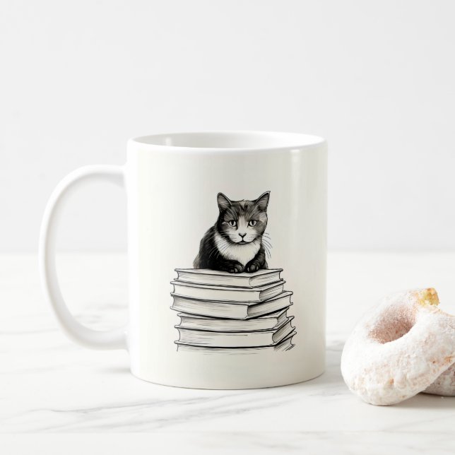 Taza De Café Gatito Adorable en Libros (Con donut)