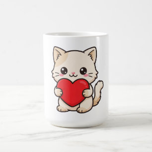 Taza De Café Gatito Adorable Sosteniendo Corazón Rojo - Kawaii 