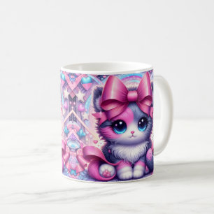 Taza De Café Gatito Anime con Lazo Rosa