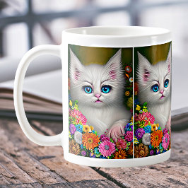 Taza De Café Gatito Blanco Con Flores