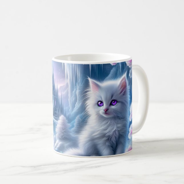 Taza De Café Gatito blanco en el reino del hielo de la fantasía (Anverso derecho)