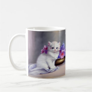 Taza De Café Gatito blanco vintage con flores rosadas y moradas