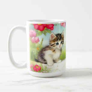 Taza De Café Gatito blanco y marrón vintage con flores