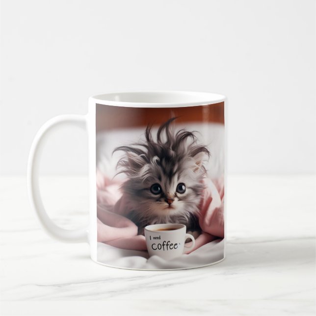 Taza De Café Gatito despertando necesitando un poco de café. (Izquierda)