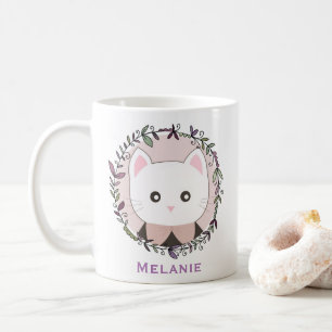 Taza De Café Gatito dulce enmarcado por flores personalizadas